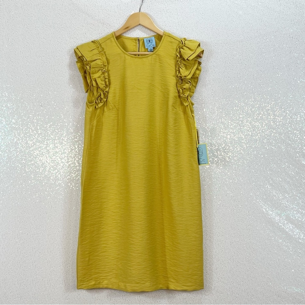 CeCe Turmeric Double Flutter Sleeve Shift Dress. Mustard yellow Siz 4